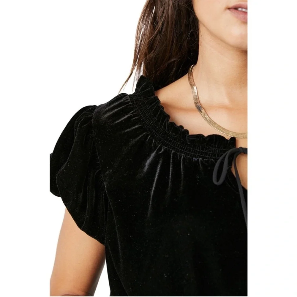 Free People Velvet Puff Sleeve Top Black Smocked V Neck Boho Chic Romantic XS